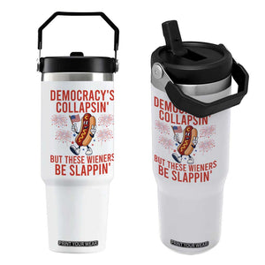 Funny Patriotic Hotdog Cartoon 4th of July Fireworks Flip Straw Tumbler Democracys Collapsin But These Wieners Be Slappin