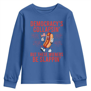 Funny Patriotic Hotdog Cartoon 4th of July Fireworks Youth Sweatshirt Democracys Collapsin But These Wieners Be Slappin