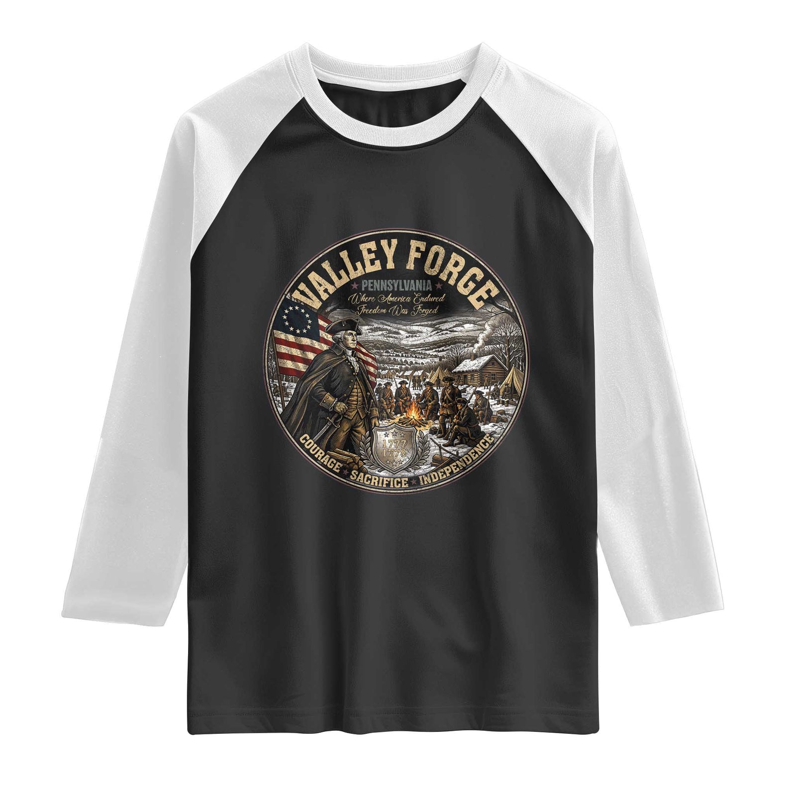Valley Forge Pennsylvania 1777 George Washington Raglan Shirt Revolutionary War Vintage American History Graphic TS02 Black White Print Your Wear
