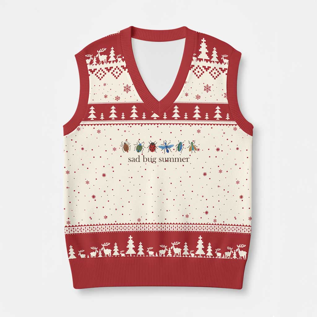 Sad Bug Summer Colorful Vintage Insect Lineup Graphic V-Neck Knit Sweater Vest Folk Music Lover Aesthetic Entomology Humor TS02 Beige Red Print Your Wear