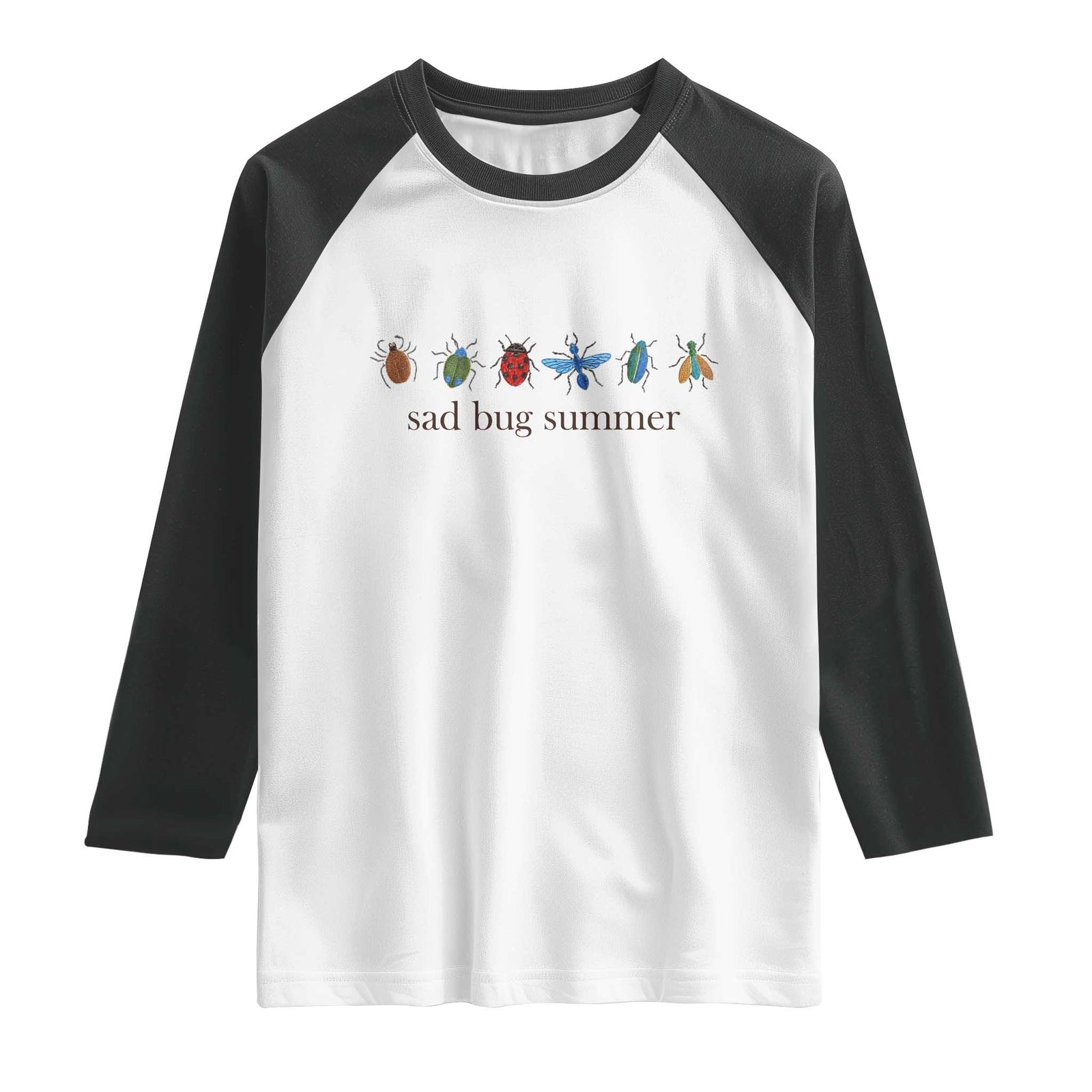 Sad Bug Summer Colorful Vintage Insect Lineup Graphic Raglan Shirt Folk Music Lover Aesthetic Entomology Humor TS02 White Black Print Your Wear