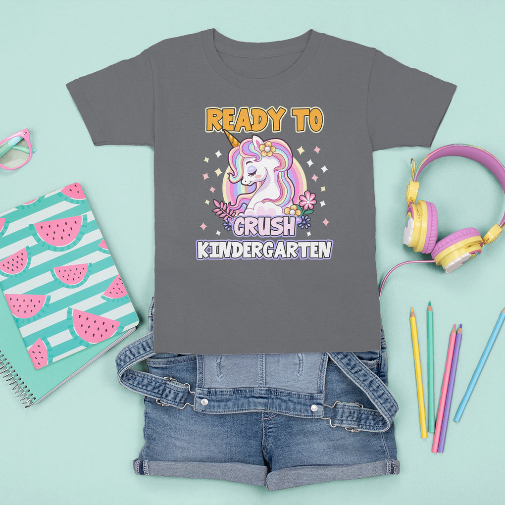 Cute Kindergarten Unicorn T Shirt For Kid I'm Ready To Crush Kinder 1st Day Of School For Girls TS02 Charcoal Printyourwear
