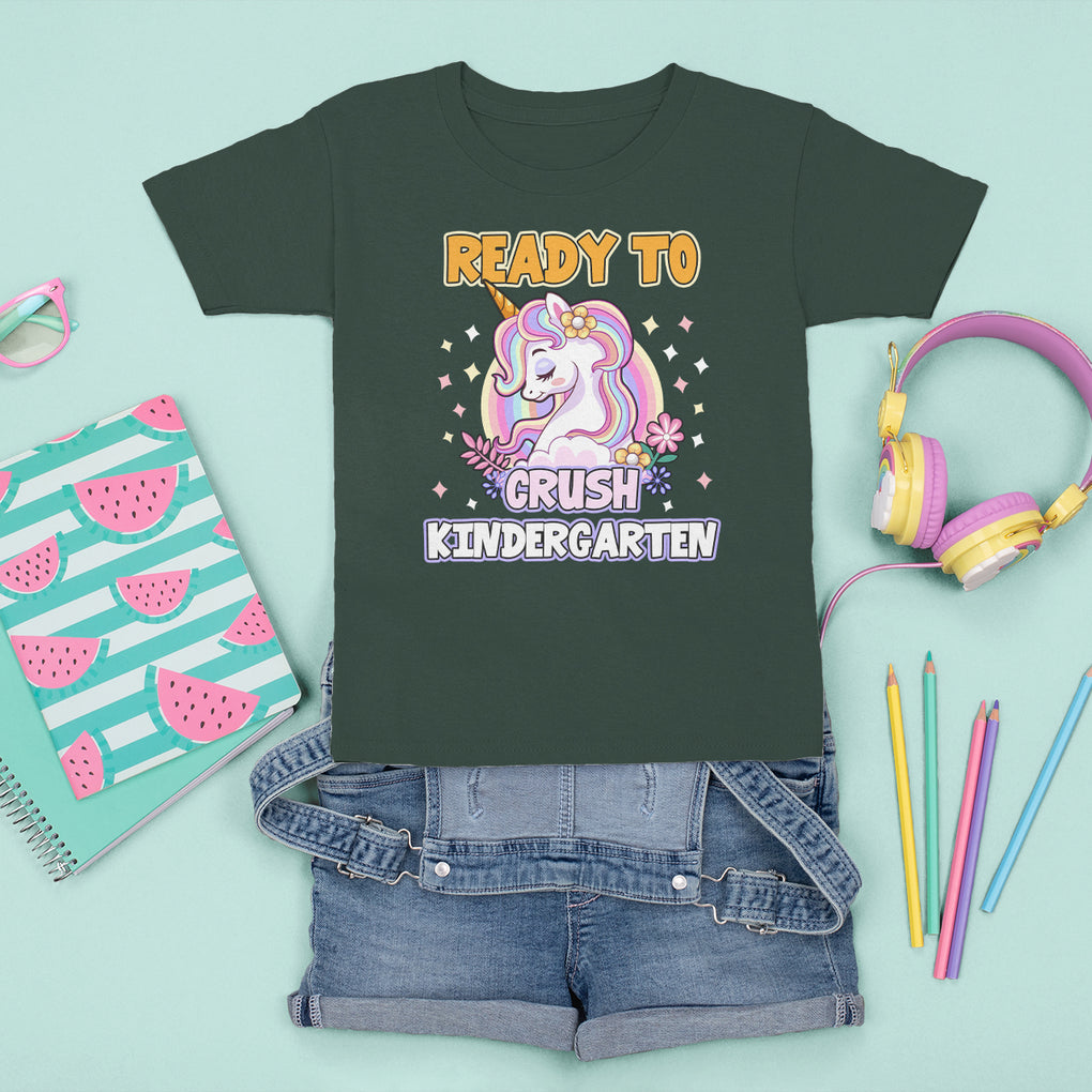 Cute Kindergarten Unicorn T Shirt For Kid I'm Ready To Crush Kinder 1st Day Of School For Girls TS02 Dark Forest Green Printyourwear