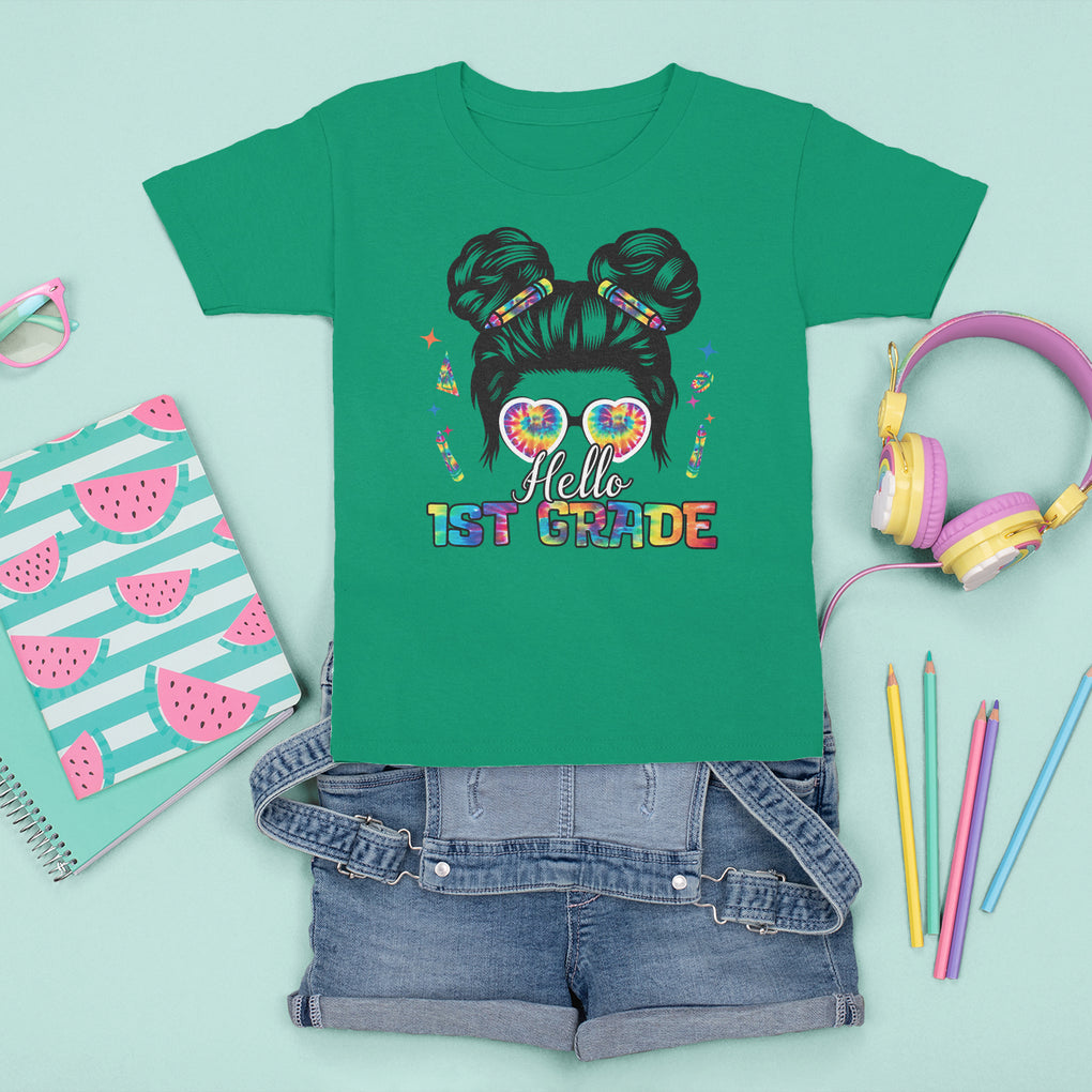 Hello 1st Grade T Shirt For Kid Cute Messy Bun Girls Back To School Tie Dye TS02 Printyourwear
