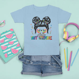 Hello 1st Grade T Shirt For Kid Cute Messy Bun Girls Back To School Tie Dye TS02 Printyourwear