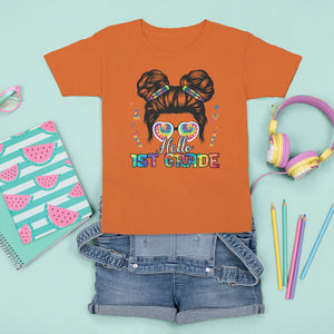 Hello 1st Grade T Shirt For Kid Cute Messy Bun Girls Back To School Tie Dye TS02 Printyourwear