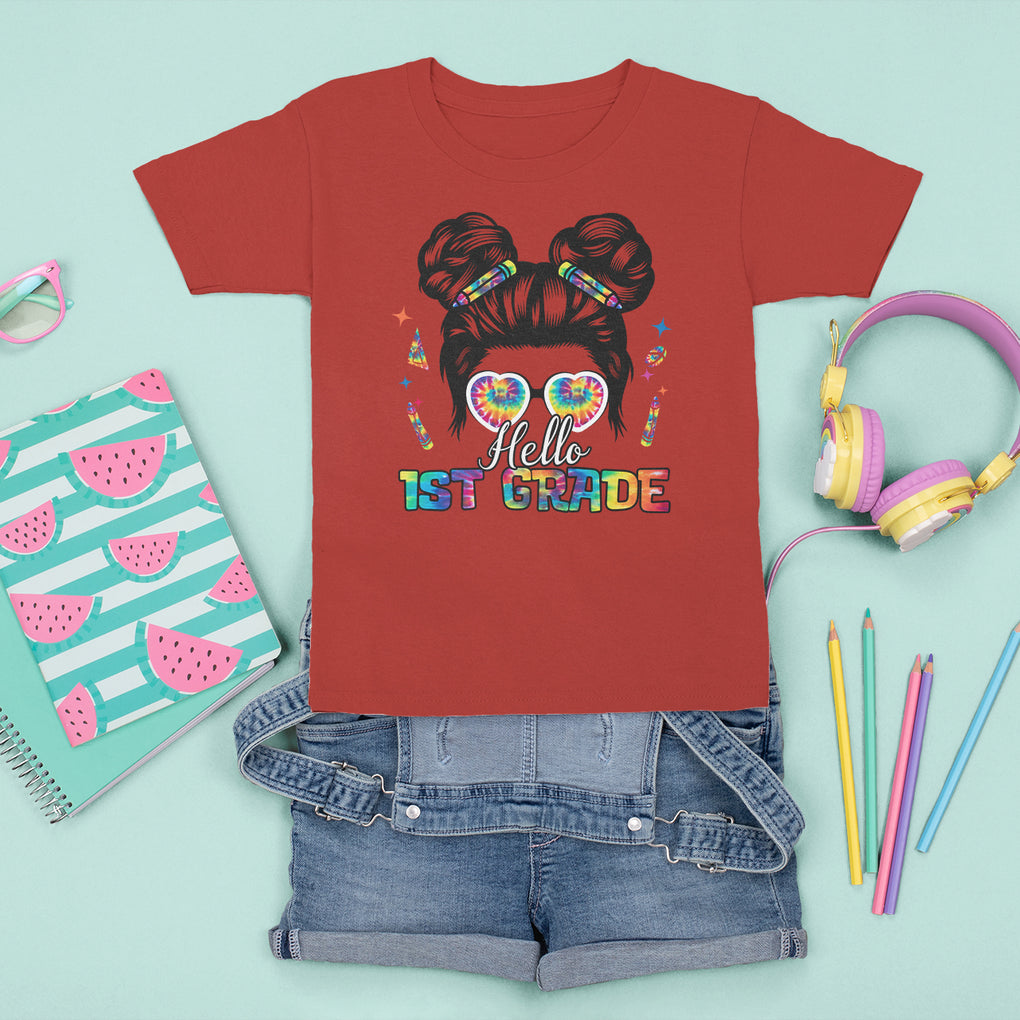 Hello 1st Grade T Shirt For Kid Cute Messy Bun Girls Back To School Tie Dye TS02 Printyourwear