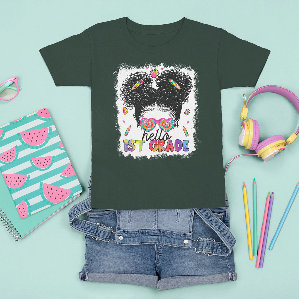 Hello 1st Grade T Shirt For Kid Cute Messy Bun Girls Tie Dye Back To School TS02 Printyourwear