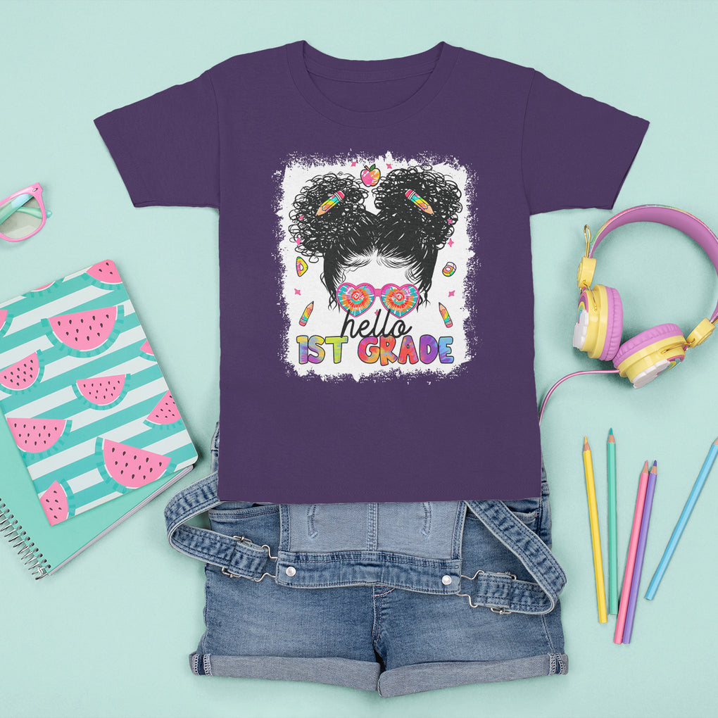 Hello 1st Grade T Shirt For Kid Cute Messy Bun Girls Tie Dye Back To School TS02 Printyourwear