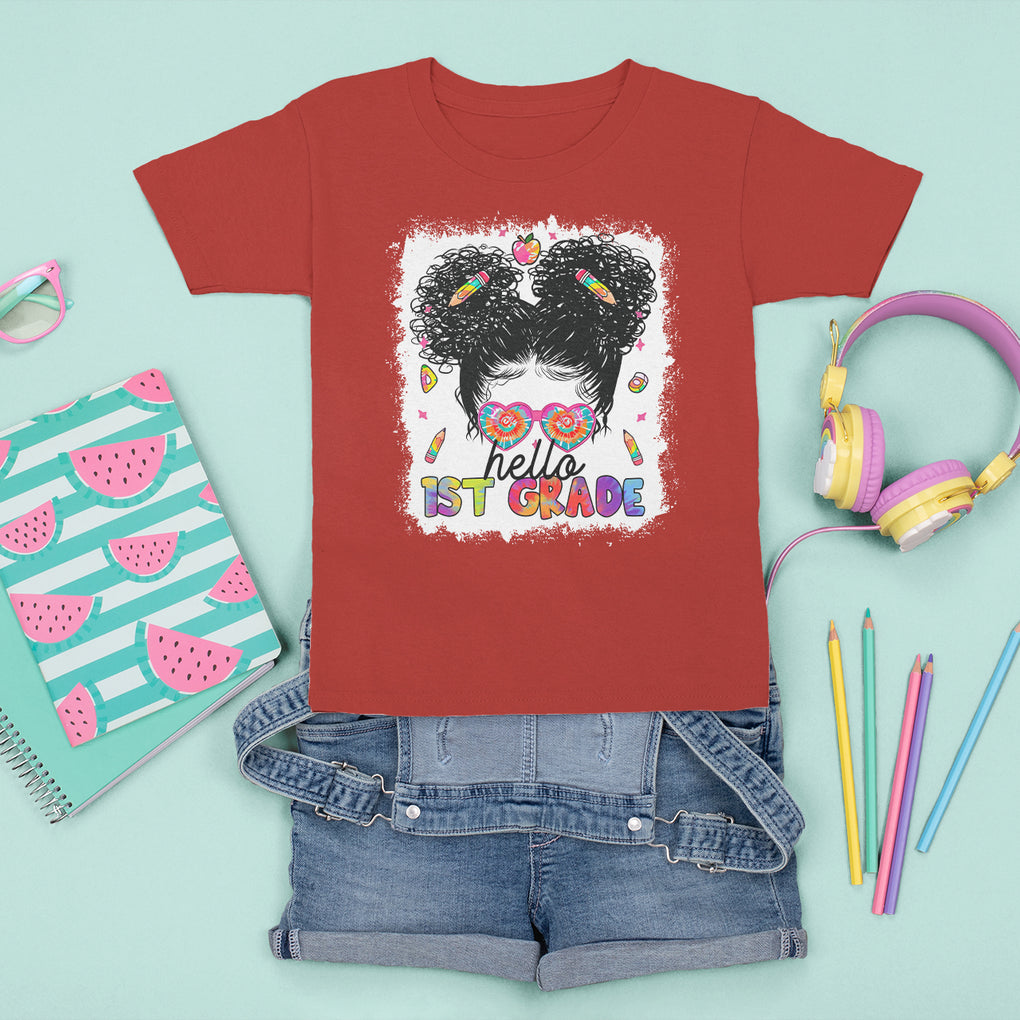 Hello 1st Grade T Shirt For Kid Cute Messy Bun Girls Tie Dye Back To School TS02 Printyourwear
