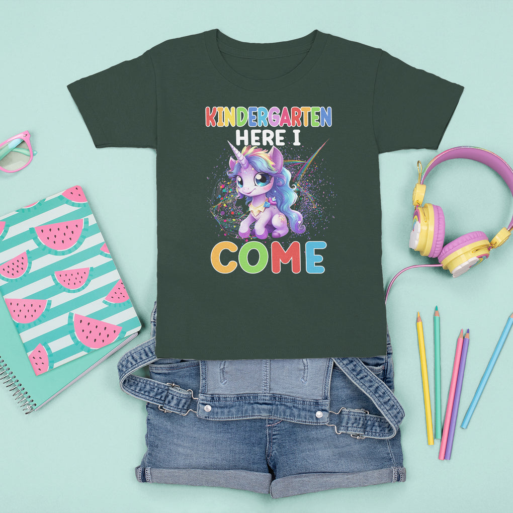 Cute Kindergarten Unicorn T Shirt For Kid Kinder Here I Come Girls Team TS02 Dark Forest Green Printyourwear