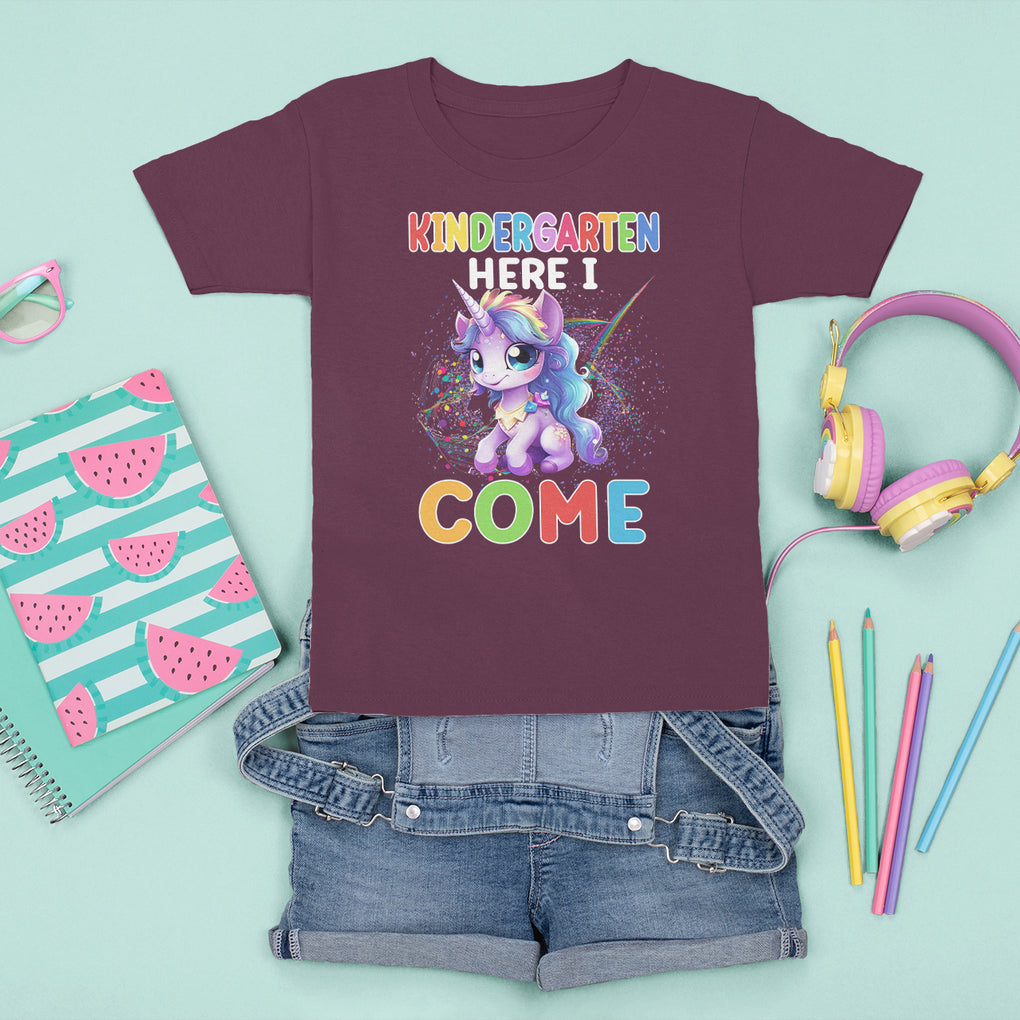 Cute Kindergarten Unicorn T Shirt For Kid Kinder Here I Come Girls Team TS02 Maroon Printyourwear