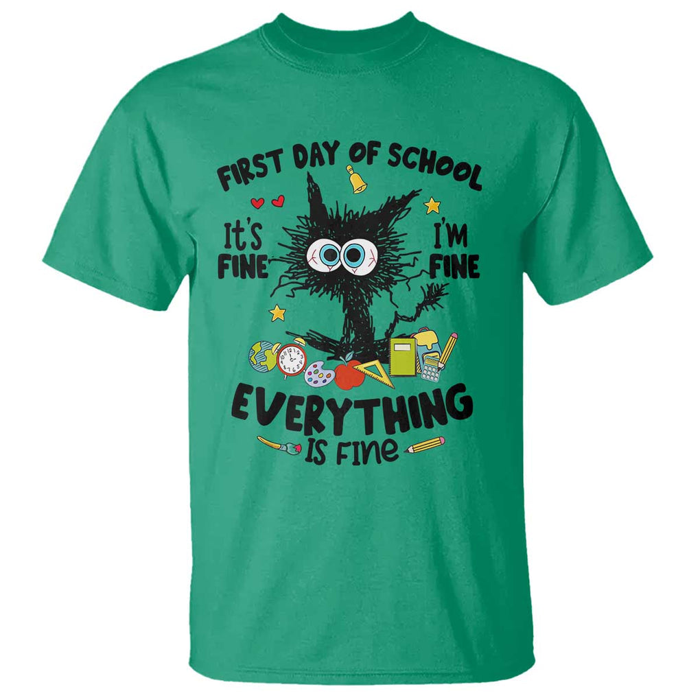 Funny First Day Of School Cat T Shirt It's Fine I'm Fine Everything Is Fine For Student Teacher TS02 Irish Green Printyourwear