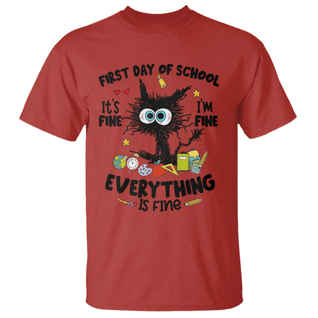 Funny First Day Of School Cat T Shirt It's Fine I'm Fine Everything Is Fine For Student Teacher TS02 Red Printyourwear
