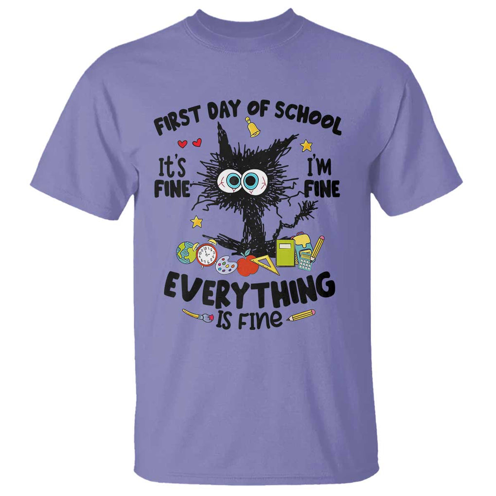 Funny First Day Of School Cat T Shirt It's Fine I'm Fine Everything Is Fine For Student Teacher TS02 Violet Printyourwear