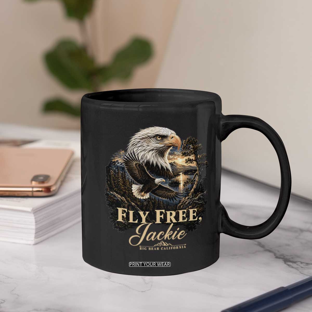 Fly Free Jackie Big Bear Bald Eagle Memorial Coffee Mug California Valley Sunset Forest Nature Graphic TS02 Print Your Wear