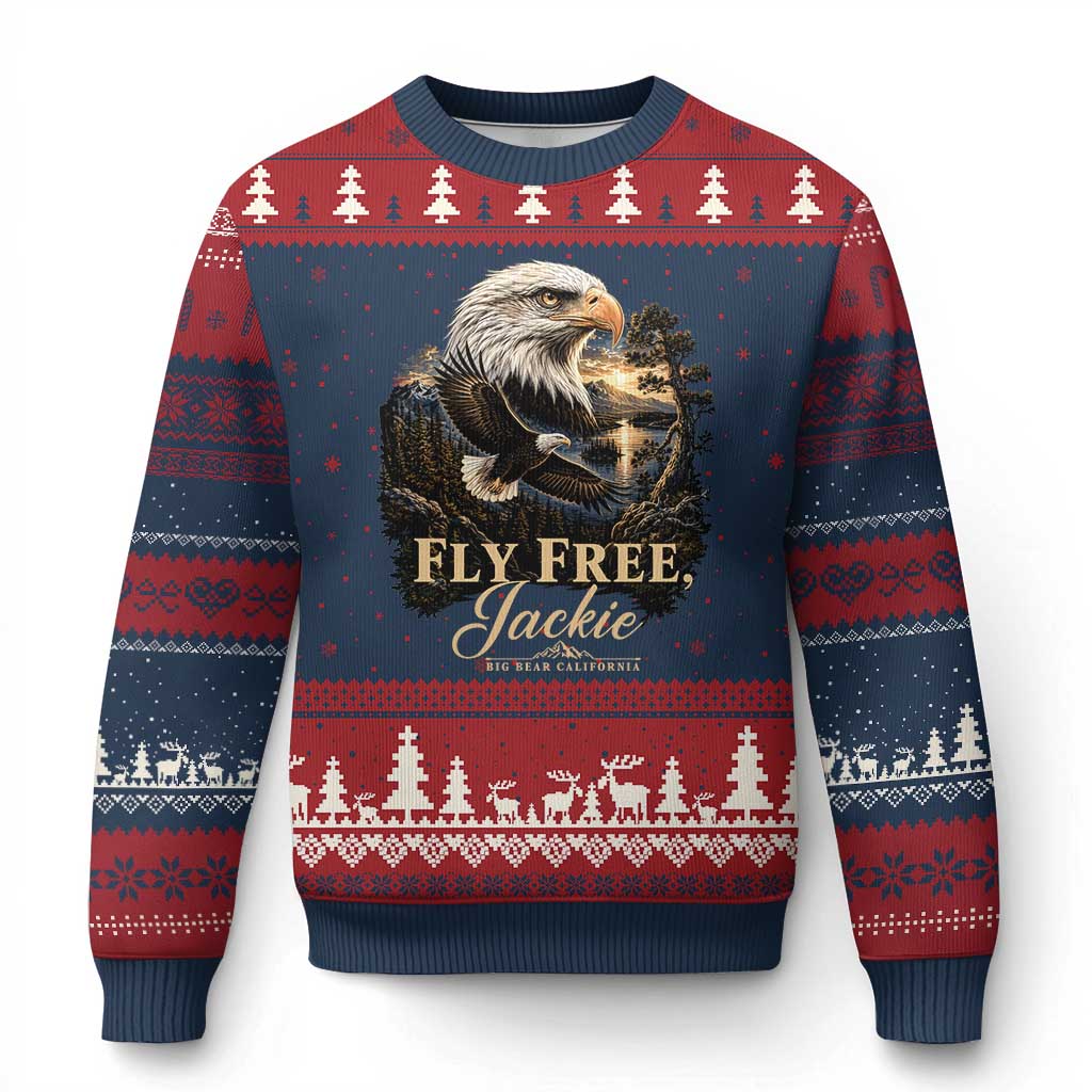 Fly Free Jackie Big Bear Bald Eagle Memorial Ugly Christmas Sweater California Valley Sunset Forest Nature Graphic TS02 Navy Red Print Your Wear