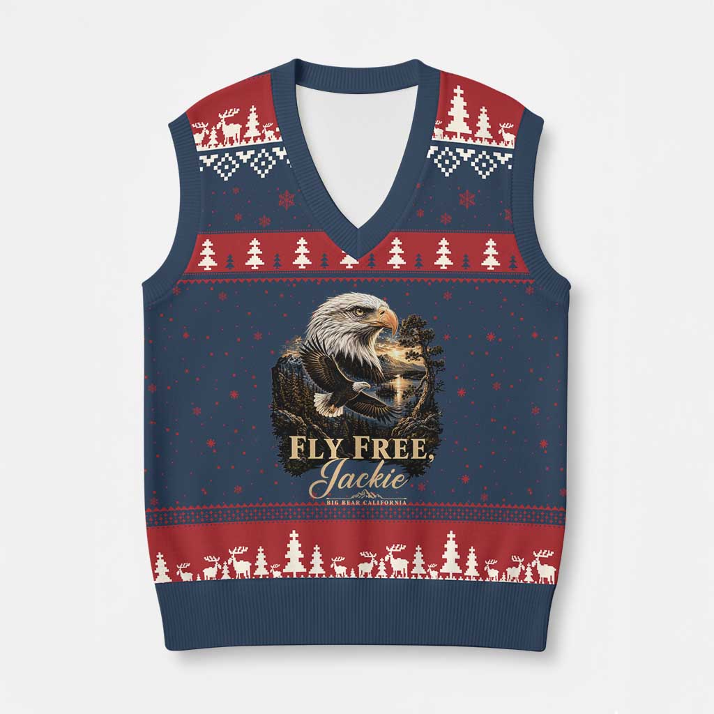 Fly Free Jackie Big Bear Bald Eagle Memorial V-Neck Knit Sweater Vest California Valley Sunset Forest Nature Graphic TS02 Navy Red Print Your Wear