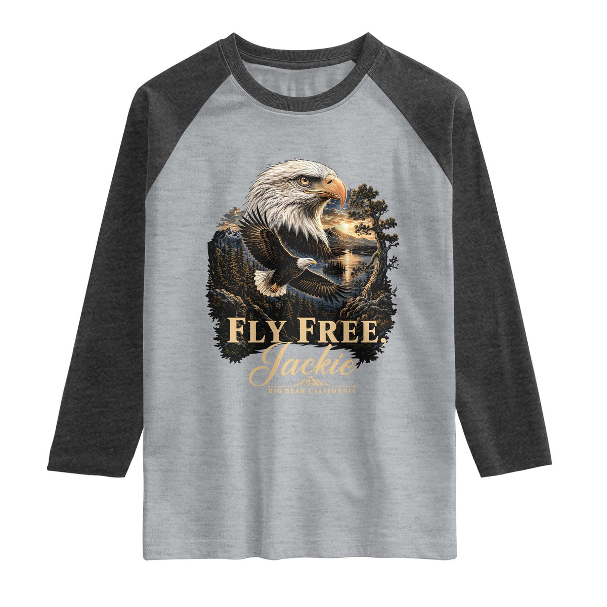Fly Free Jackie Big Bear Bald Eagle Memorial Raglan Shirt California Valley Sunset Forest Nature Graphic TS02 Heather Gray Heather Charcoal Print Your Wear