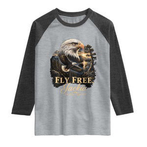 Fly Free Jackie Big Bear Bald Eagle Memorial Raglan Shirt California Valley Sunset Forest Nature Graphic TS02 Heather Gray Heather Charcoal Print Your Wear