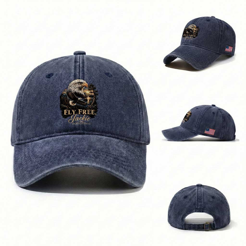 Fly Free Jackie Big Bear Bald Eagle Memorial Washed Cotton Baseball Cap California Valley Sunset Forest Nature Graphic TS02 Washed Cap Universal Fit Navy Print Your Wear