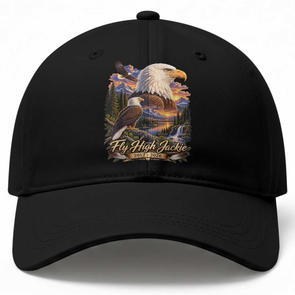 Fly High Jackie Bald Eagle Memorial Baseball Cap Scenic Mountain Sunset Lake Nature Graphic TS02 Print Your Wear