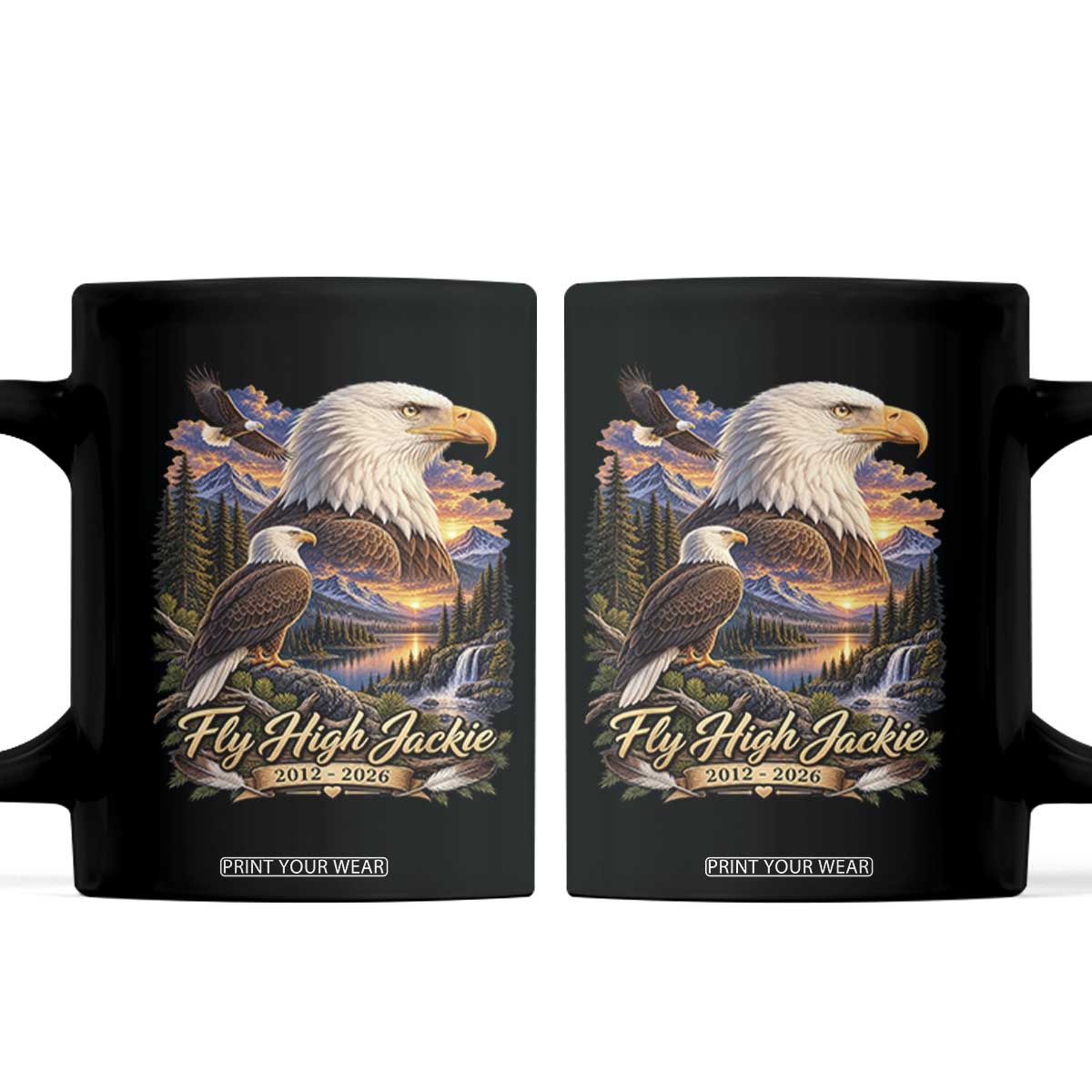 Fly High Jackie Bald Eagle Memorial Coffee Mug Scenic Mountain Sunset Lake Nature Graphic TS02 Black Print Your Wear