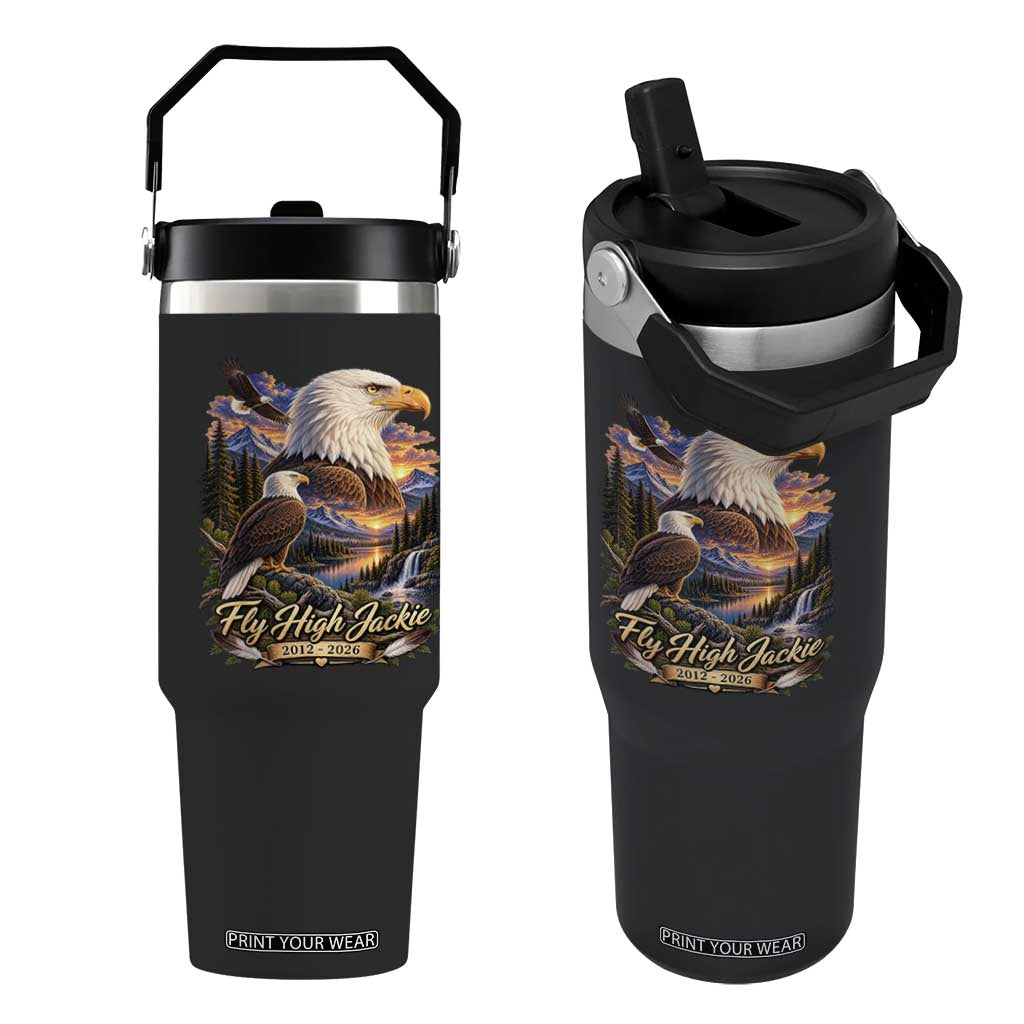 Fly High Jackie Bald Eagle Memorial Flip Straw Tumbler Scenic Mountain Sunset Lake Nature Graphic TS02 One Size: 30 oz Black Print Your Wear