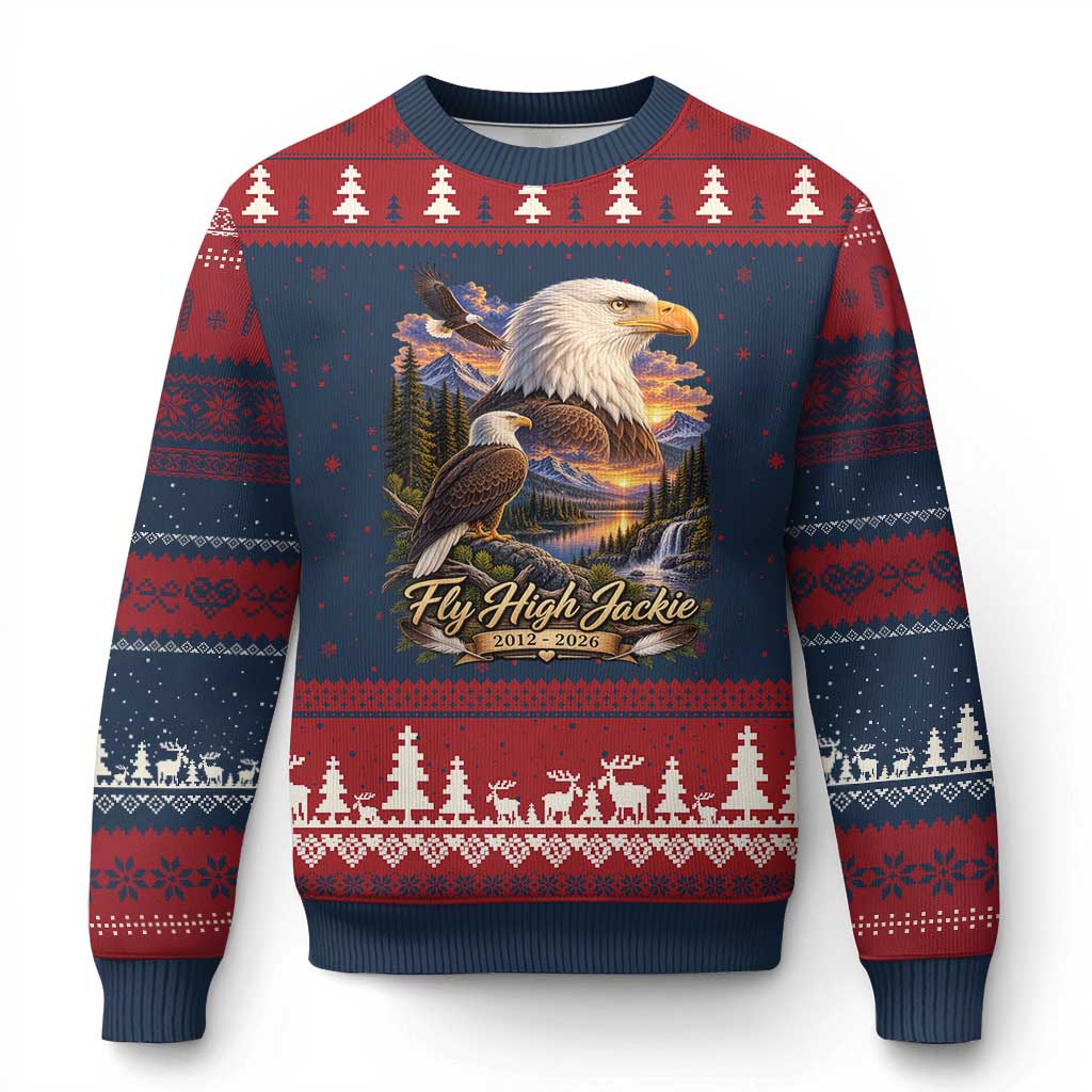 Fly High Jackie Bald Eagle Memorial Ugly Christmas Sweater Scenic Mountain Sunset Lake Nature Graphic TS02 Navy Red Print Your Wear