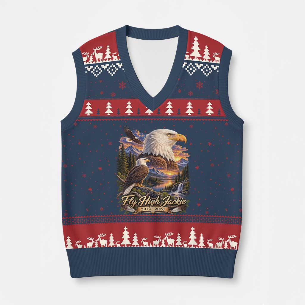 Fly High Jackie Bald Eagle Memorial V-Neck Knit Sweater Vest Scenic Mountain Sunset Lake Nature Graphic TS02 Navy Red Print Your Wear