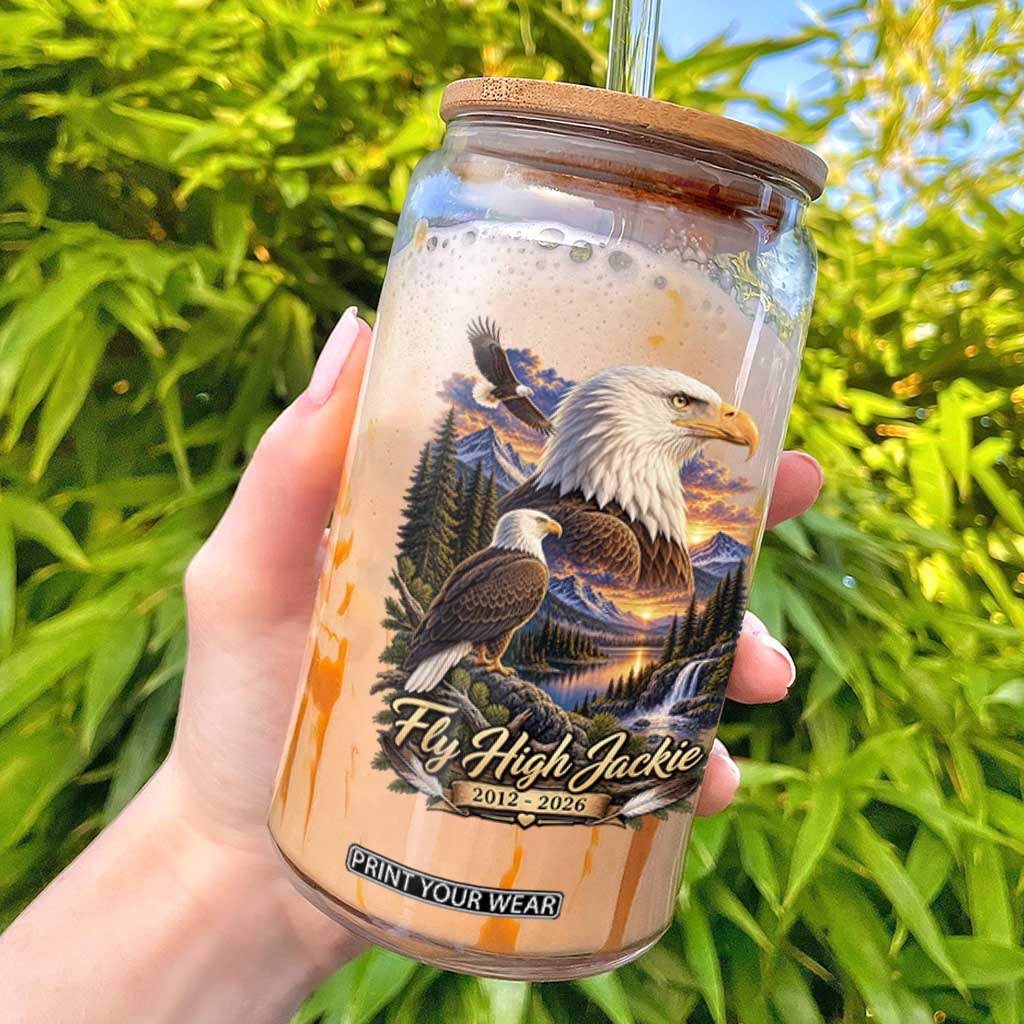 Fly High Jackie Bald Eagle Memorial Glass Can Scenic Mountain Sunset Lake Nature Graphic TS02 Black Print Your Wear