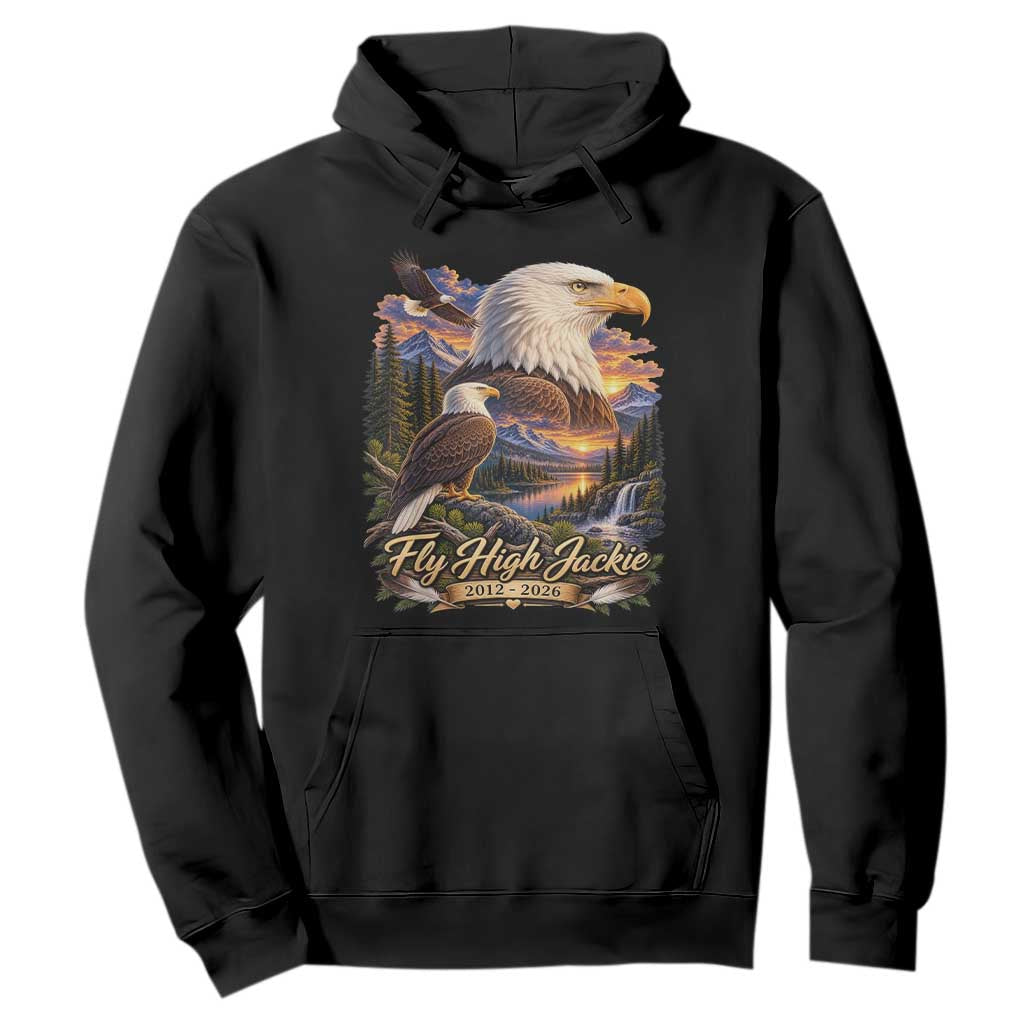 Fly High Jackie Bald Eagle Memorial Hoodie Scenic Mountain Sunset Lake Nature Graphic TS02 Black Print Your Wear
