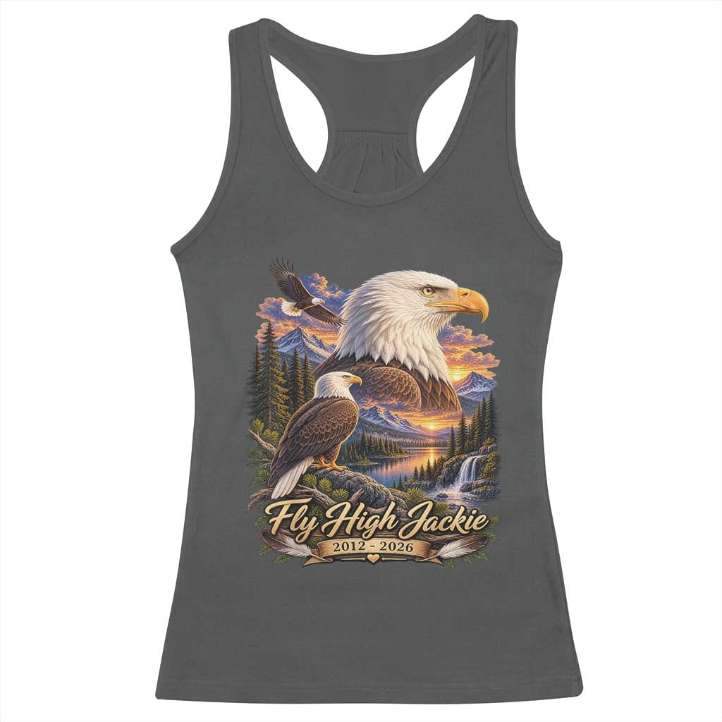 Fly High Jackie Bald Eagle Memorial Racerback Tank Top Scenic Mountain Sunset Lake Nature Graphic TS02 Dark Heather Print Your Wear