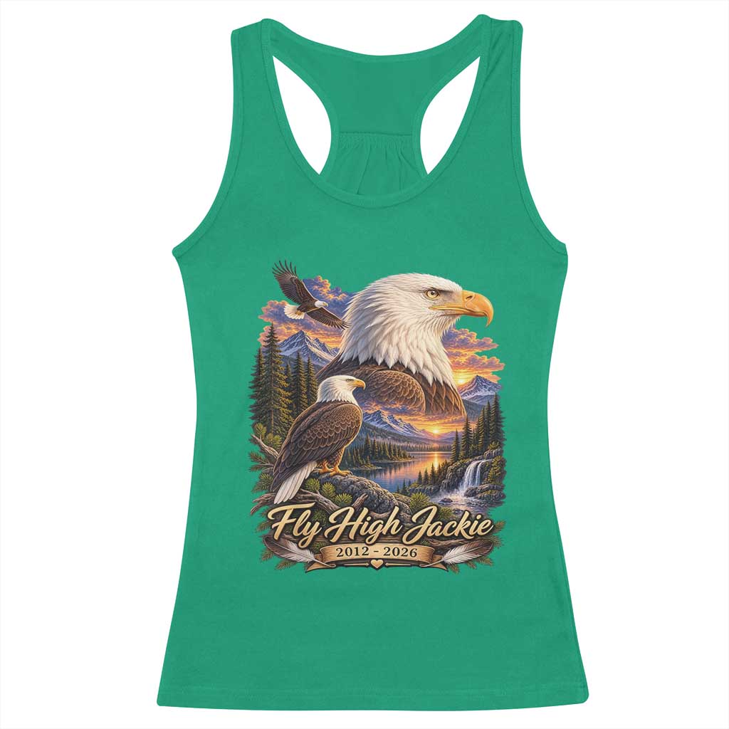 Fly High Jackie Bald Eagle Memorial Racerback Tank Top Scenic Mountain Sunset Lake Nature Graphic TS02 Irish Green Print Your Wear