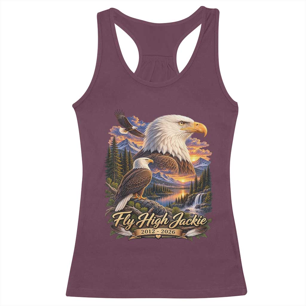 Fly High Jackie Bald Eagle Memorial Racerback Tank Top Scenic Mountain Sunset Lake Nature Graphic TS02 Maroon Print Your Wear