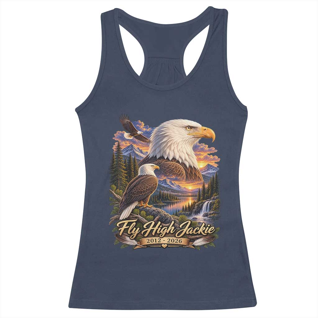 Fly High Jackie Bald Eagle Memorial Racerback Tank Top Scenic Mountain Sunset Lake Nature Graphic TS02 Navy Print Your Wear