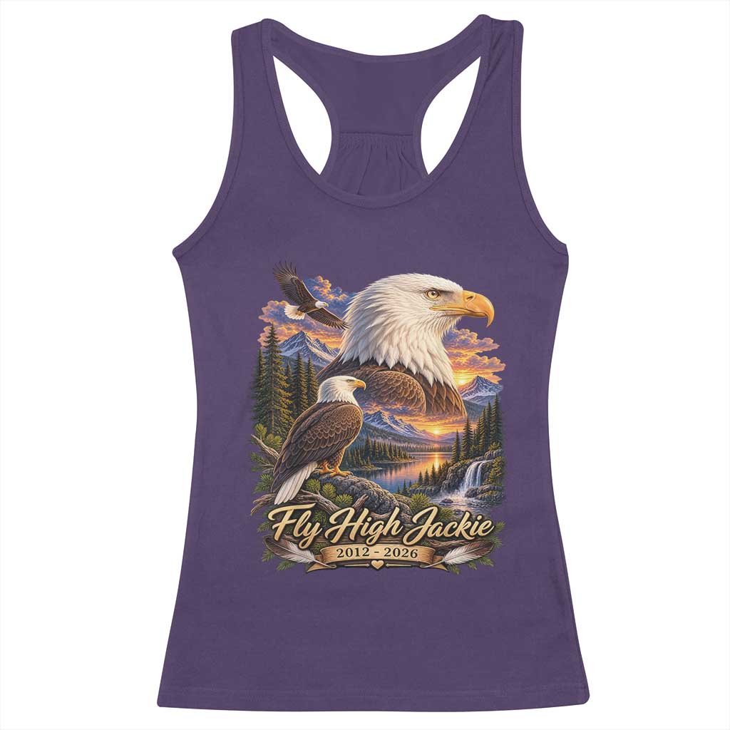 Fly High Jackie Bald Eagle Memorial Racerback Tank Top Scenic Mountain Sunset Lake Nature Graphic TS02 Purple Print Your Wear