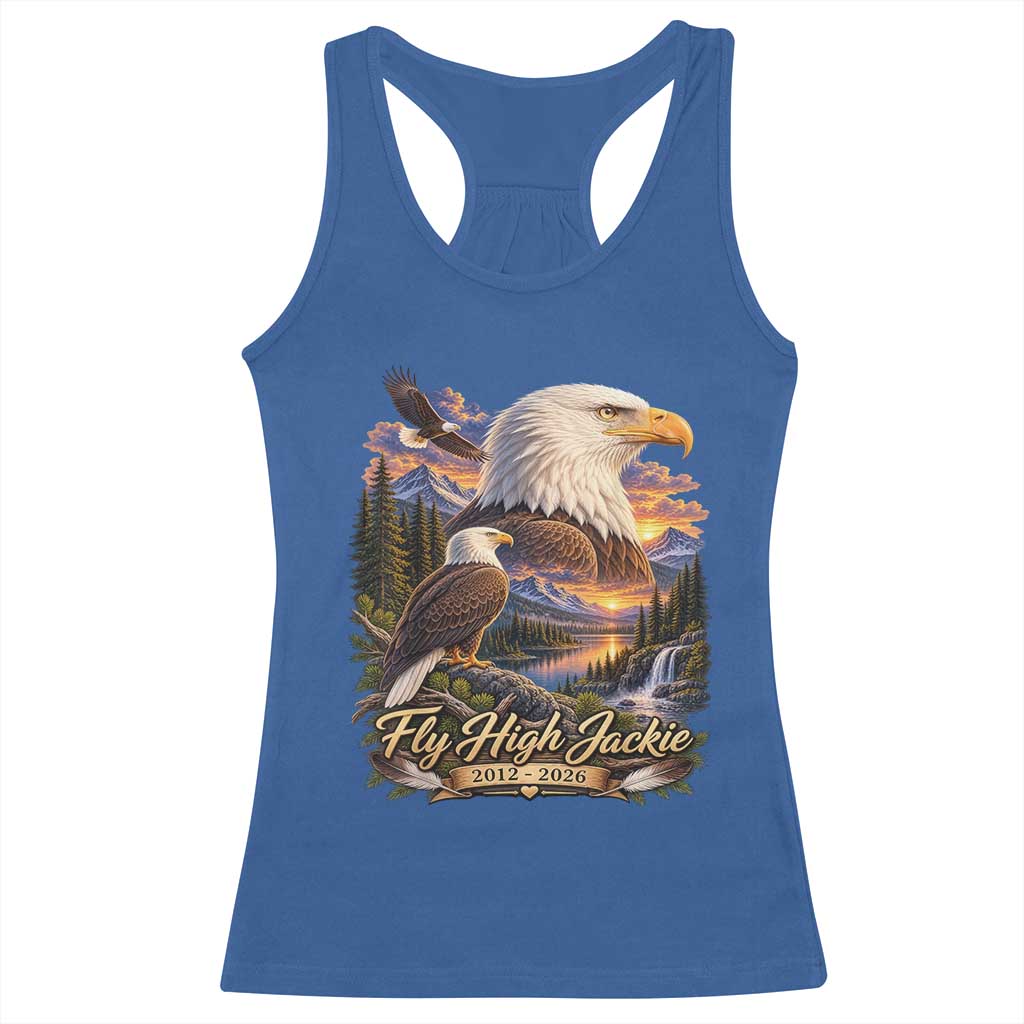Fly High Jackie Bald Eagle Memorial Racerback Tank Top Scenic Mountain Sunset Lake Nature Graphic TS02 Royal Blue Print Your Wear