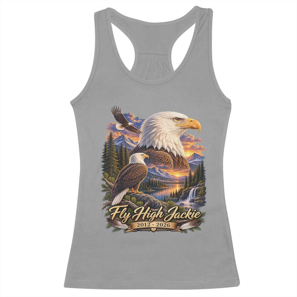 Fly High Jackie Bald Eagle Memorial Racerback Tank Top Scenic Mountain Sunset Lake Nature Graphic TS02 Sport Gray Print Your Wear