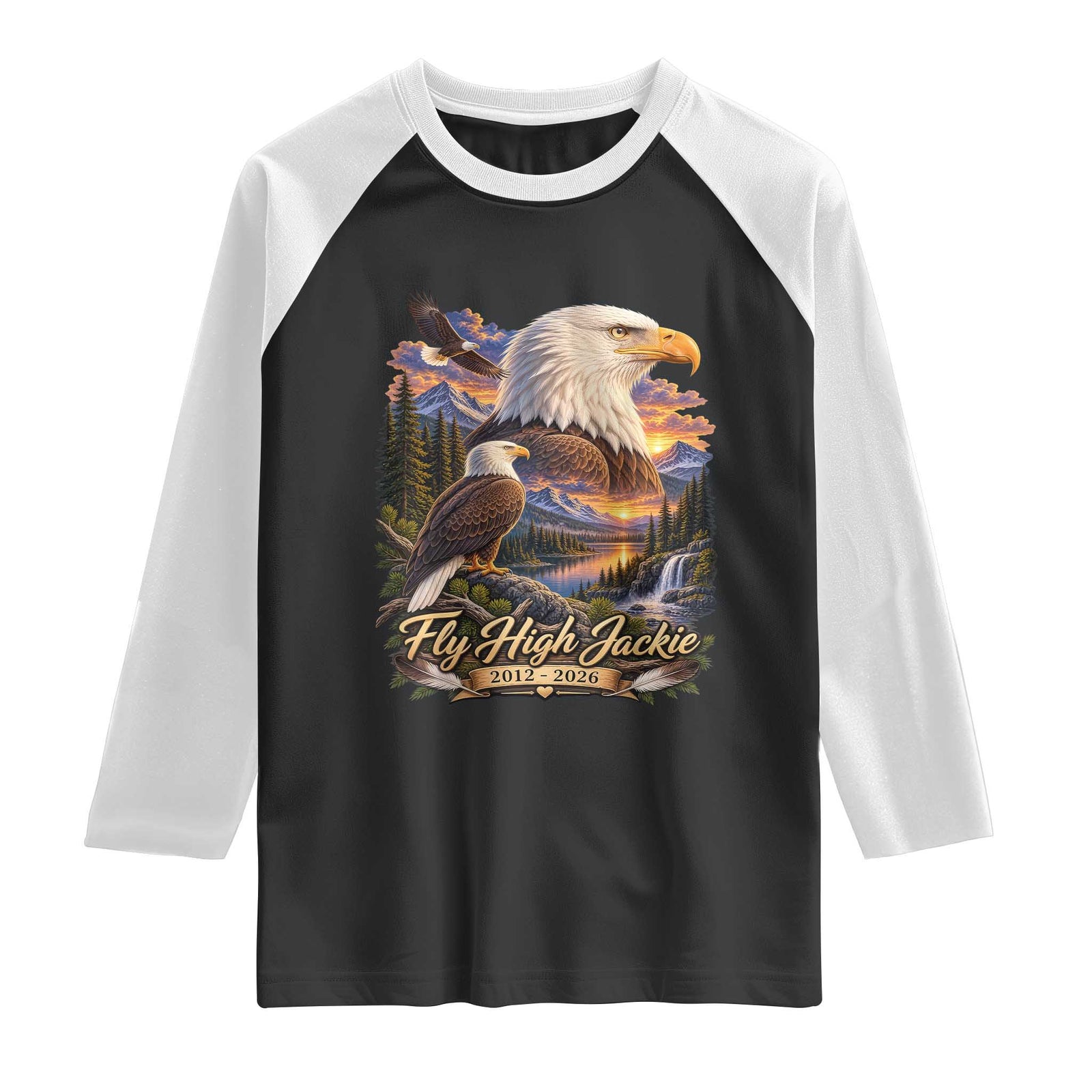 Fly High Jackie Bald Eagle Memorial Raglan Shirt Scenic Mountain Sunset Lake Nature Graphic TS02 Black White Print Your Wear