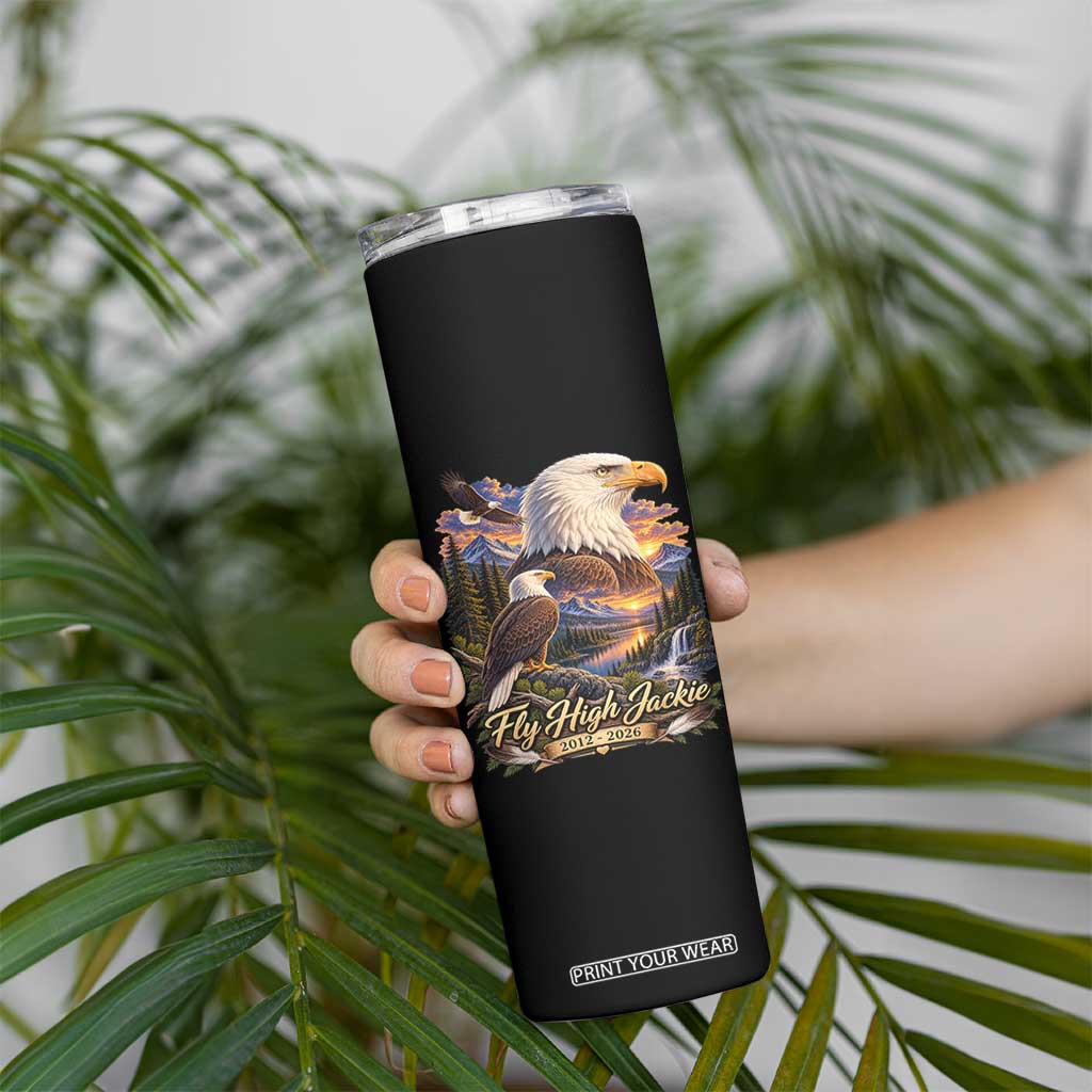 Fly High Jackie Bald Eagle Memorial Skinny Tumbler Scenic Mountain Sunset Lake Nature Graphic
