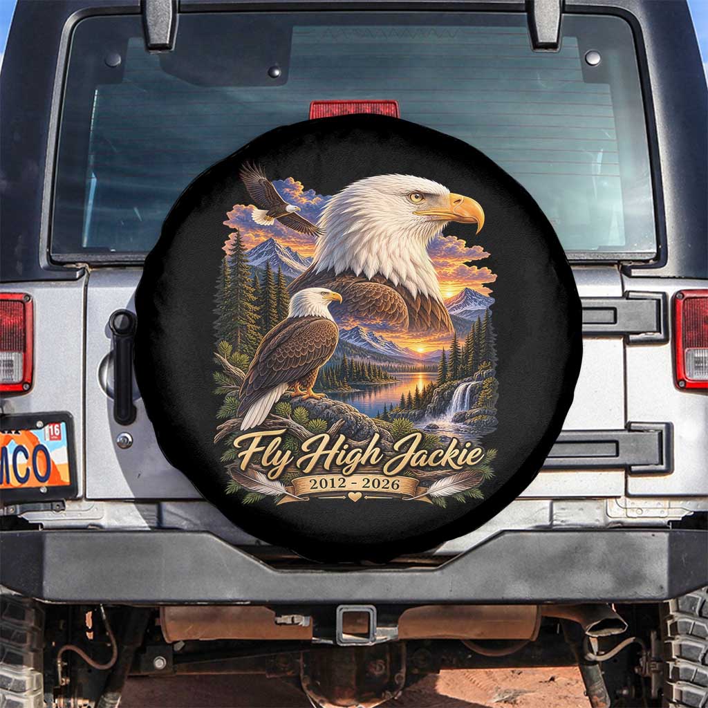 Fly High Jackie Bald Eagle Memorial Spare Tire Cover Scenic Mountain Sunset Lake Nature Graphic TS02 No hole Black Print Your Wear