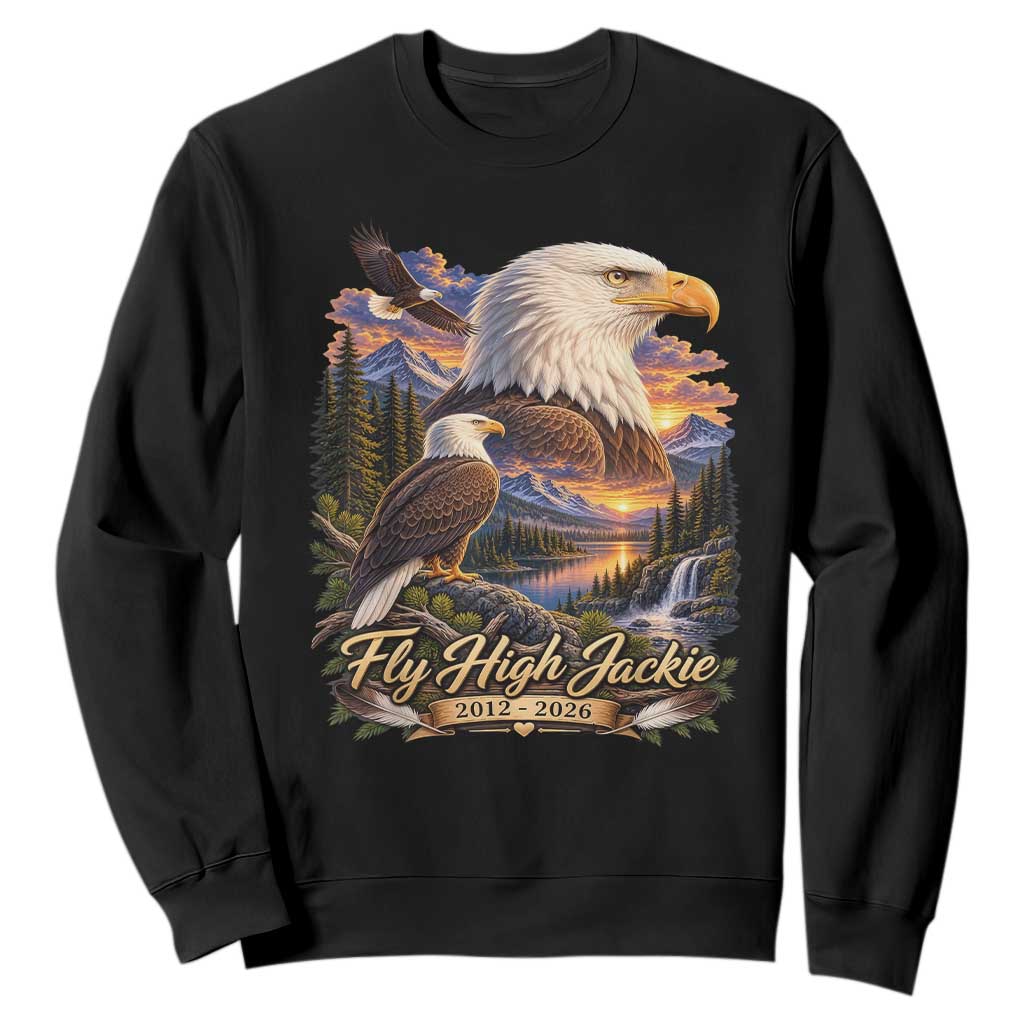 Fly High Jackie Bald Eagle Memorial Sweatshirt Scenic Mountain Sunset Lake Nature Graphic TS02 Black Print Your Wear