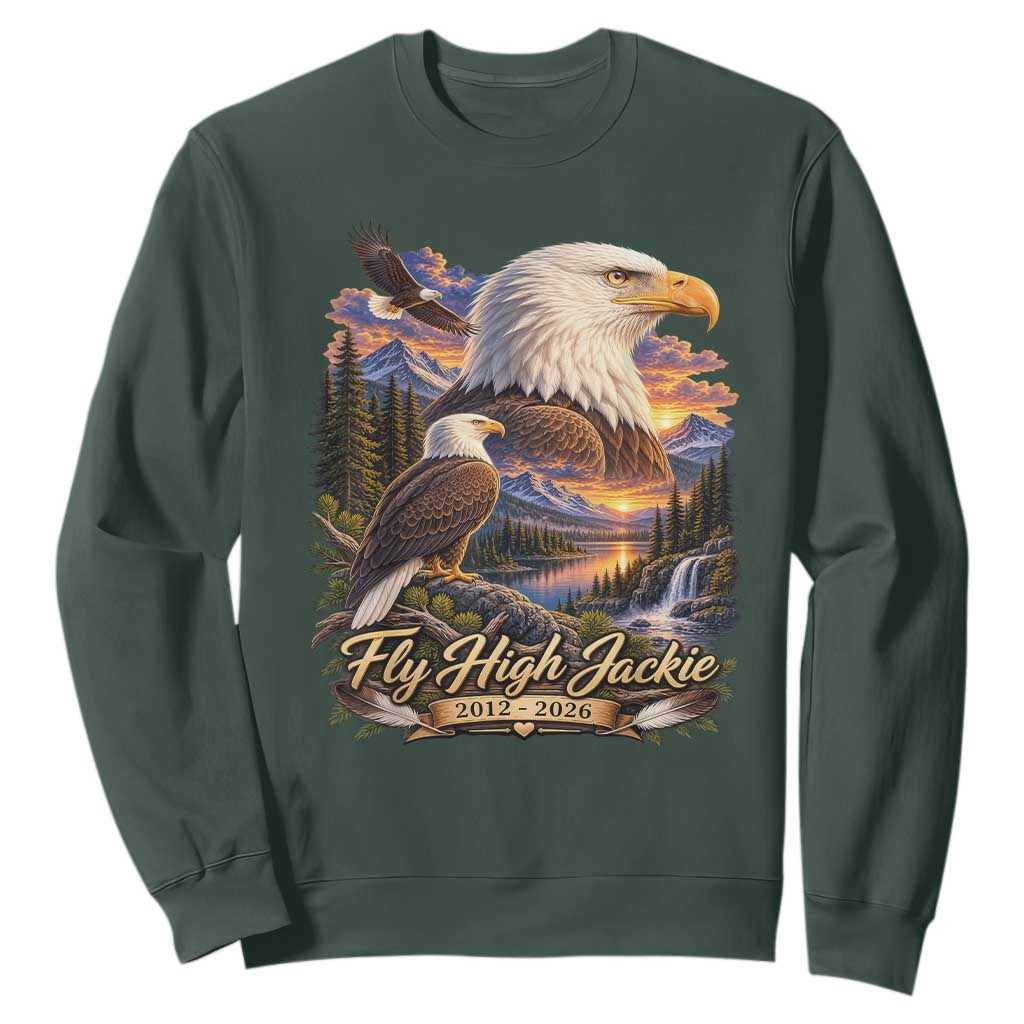 Fly High Jackie Bald Eagle Memorial Sweatshirt Scenic Mountain Sunset Lake Nature Graphic TS02 Dark Forest Green Print Your Wear