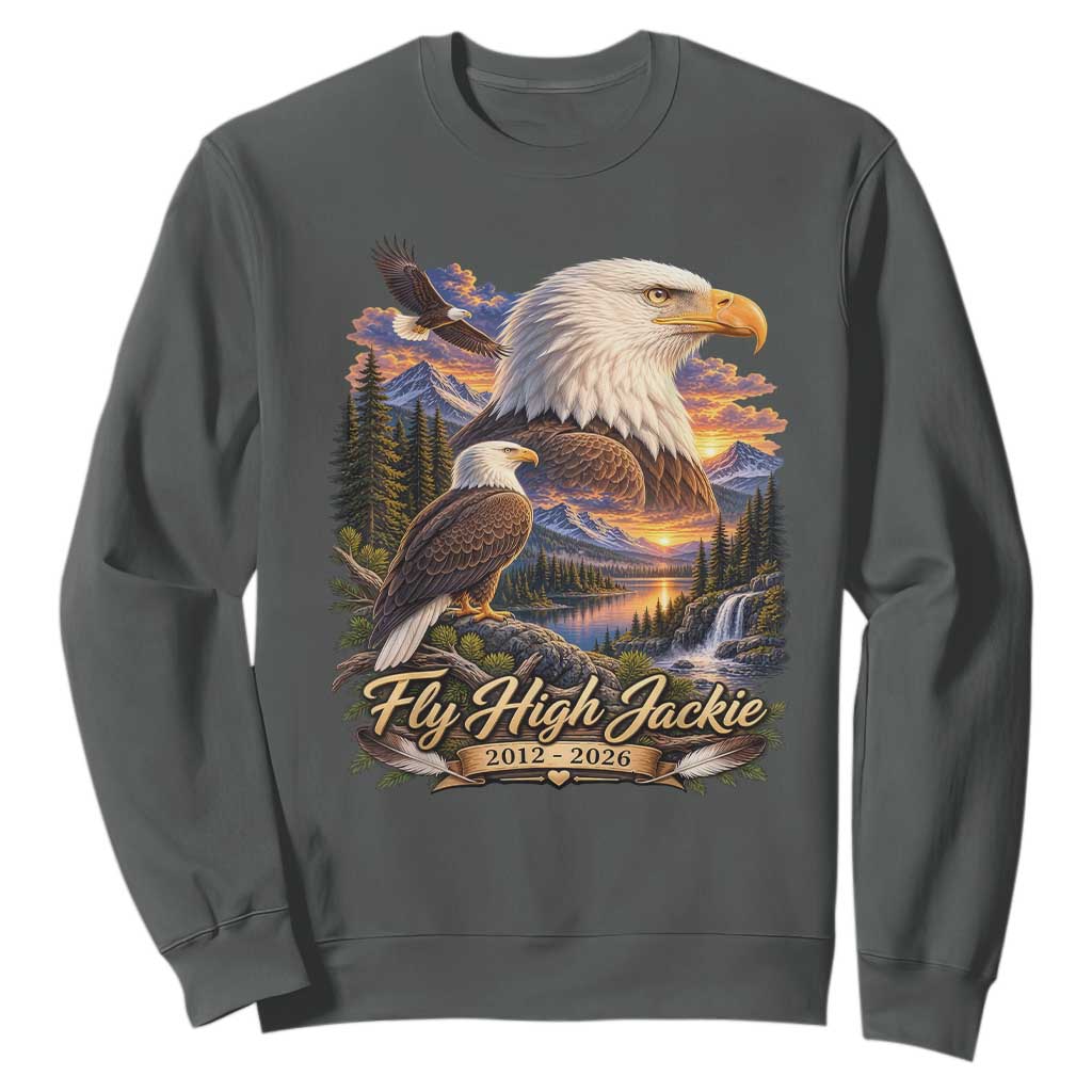 Fly High Jackie Bald Eagle Memorial Sweatshirt Scenic Mountain Sunset Lake Nature Graphic TS02 Dark Heather Print Your Wear
