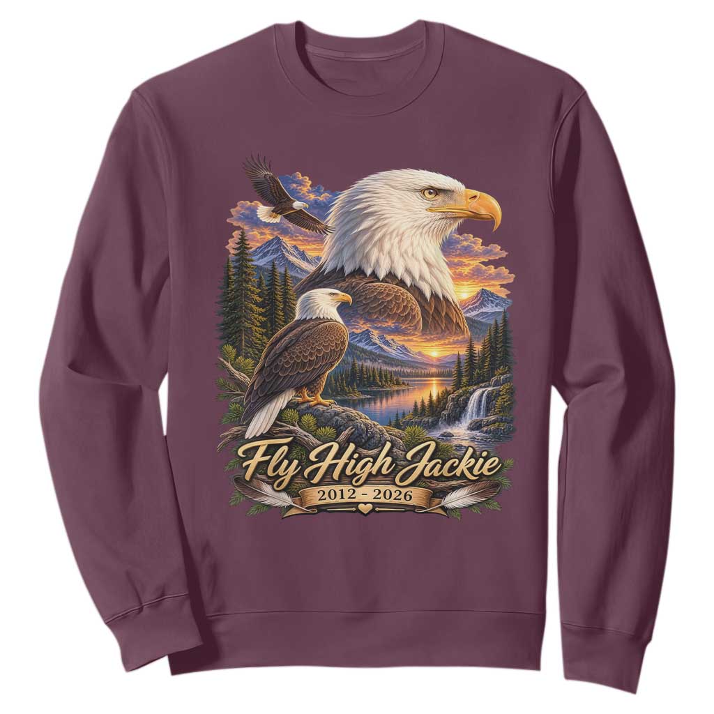 Fly High Jackie Bald Eagle Memorial Sweatshirt Scenic Mountain Sunset Lake Nature Graphic TS02 Maroon Print Your Wear