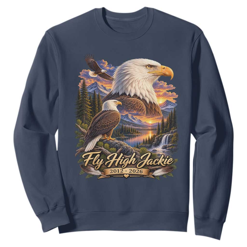 Fly High Jackie Bald Eagle Memorial Sweatshirt Scenic Mountain Sunset Lake Nature Graphic TS02 Navy Print Your Wear