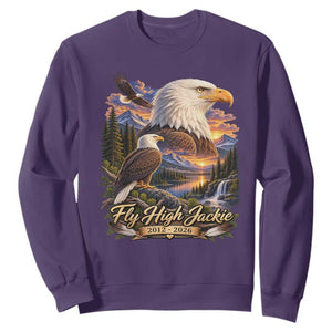 Fly High Jackie Bald Eagle Memorial Sweatshirt Scenic Mountain Sunset Lake Nature Graphic TS02 Purple Print Your Wear