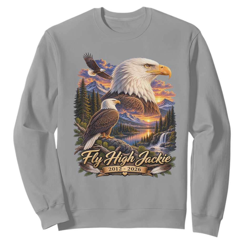 Fly High Jackie Bald Eagle Memorial Sweatshirt Scenic Mountain Sunset Lake Nature Graphic TS02 Sport Gray Print Your Wear