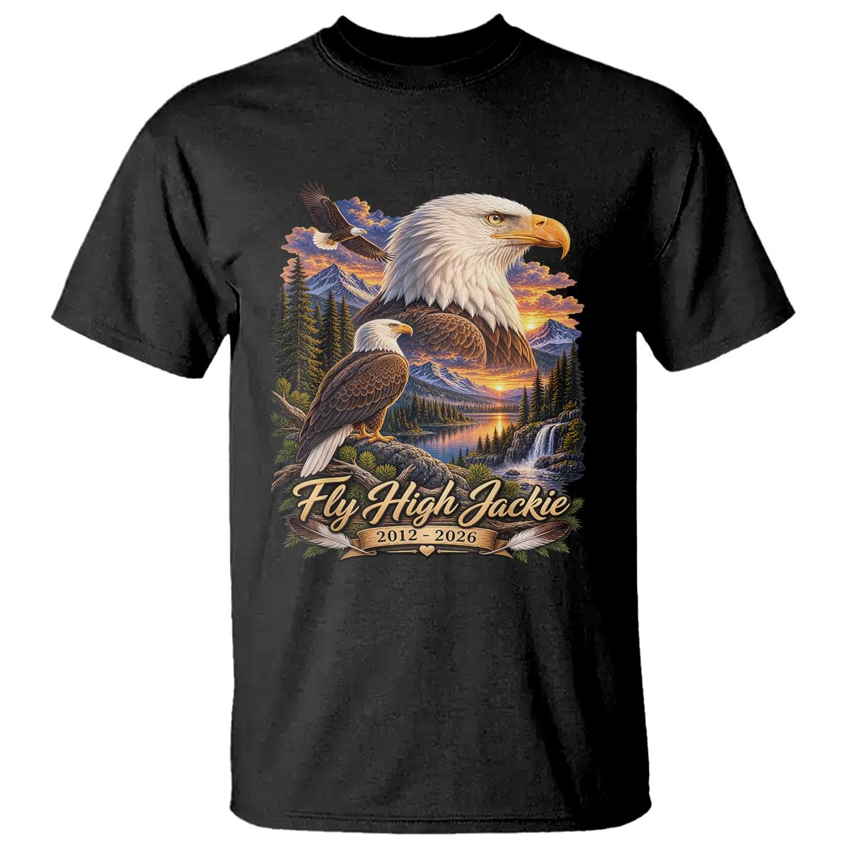 Fly High Jackie Bald Eagle Memorial T Shirt Scenic Mountain Sunset Lake Nature Graphic TS02 Black Print Your Wear